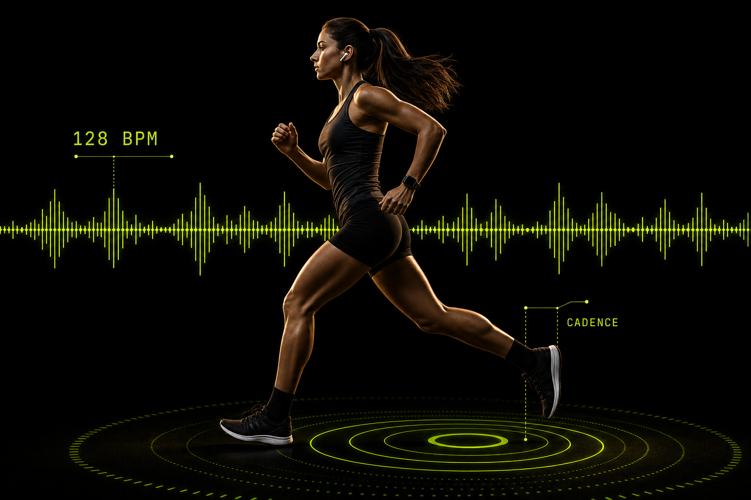 Woman runner in profile with wireless earbuds, a lime-green BPM waveform reading 128 BPM, and cadence pulse rings illustrating music tempo synced to stride.