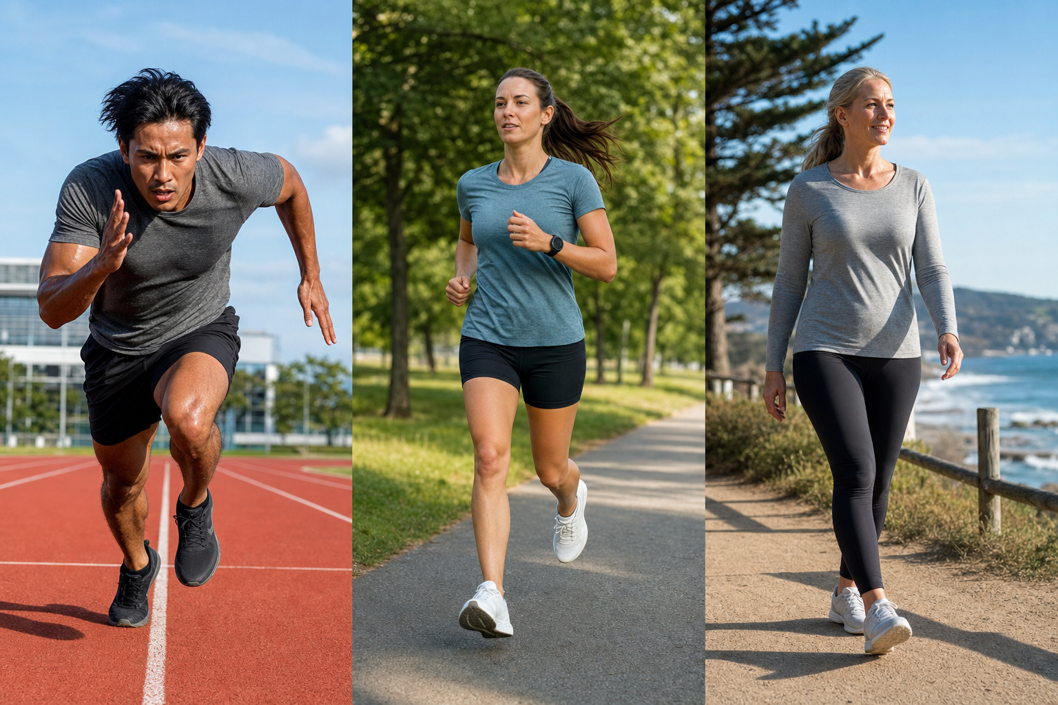 A three-panel photo: a sprinter on a track, a jogger on a park path, and a person walking briskly by the coast, showing high, moderate, and low intensity cardio.
