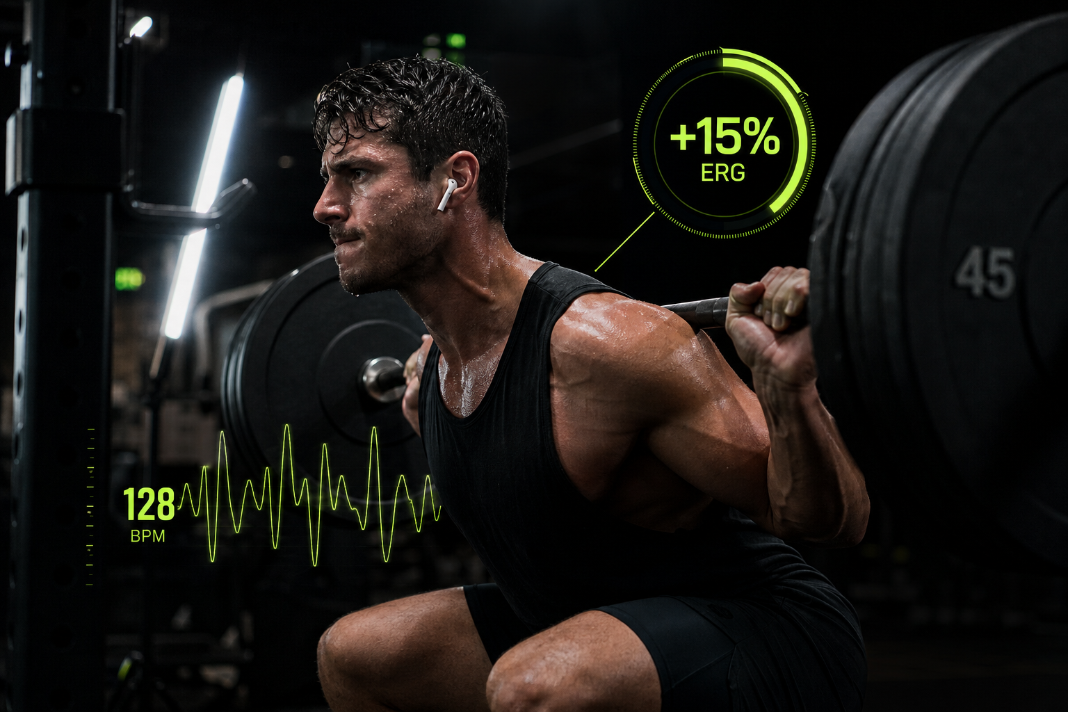 Athlete performing a barbell squat with wireless earbuds and lime-green HUD overlay showing +15% ergogenic boost and 128 BPM tempo.
