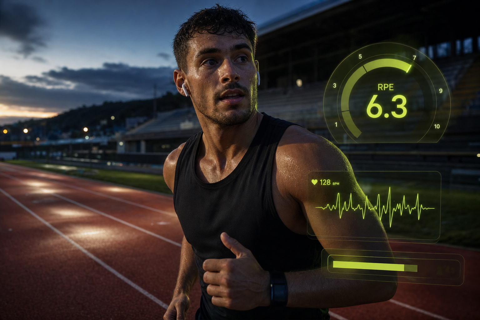 Runner on an outdoor track at dusk with subtle glass HUD overlays showing RPE 6.3 and BPM, illustrating music tempo lowering perceived exertion.