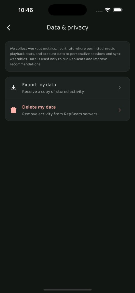 Repbeats app: Export or delete your data anytime