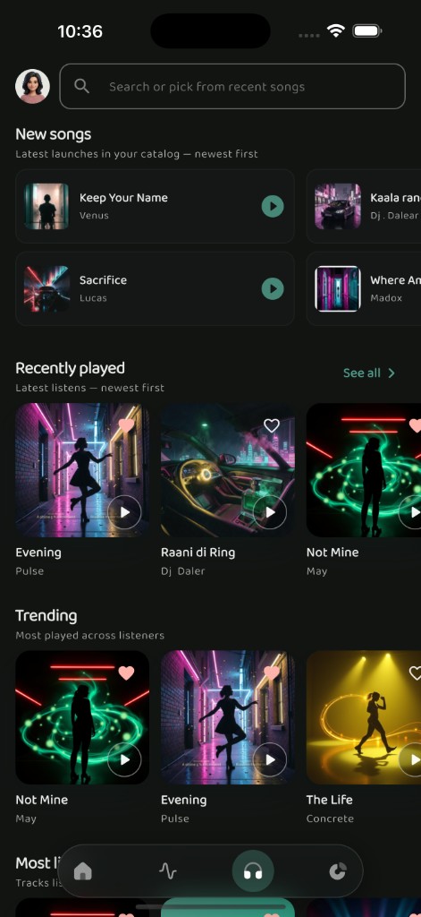 Repbeats music library with search, new songs, and trending