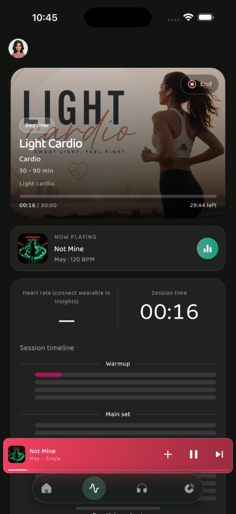 Active Light Cardio session with NOW PLAYING, stats, warmup timeline and mini player